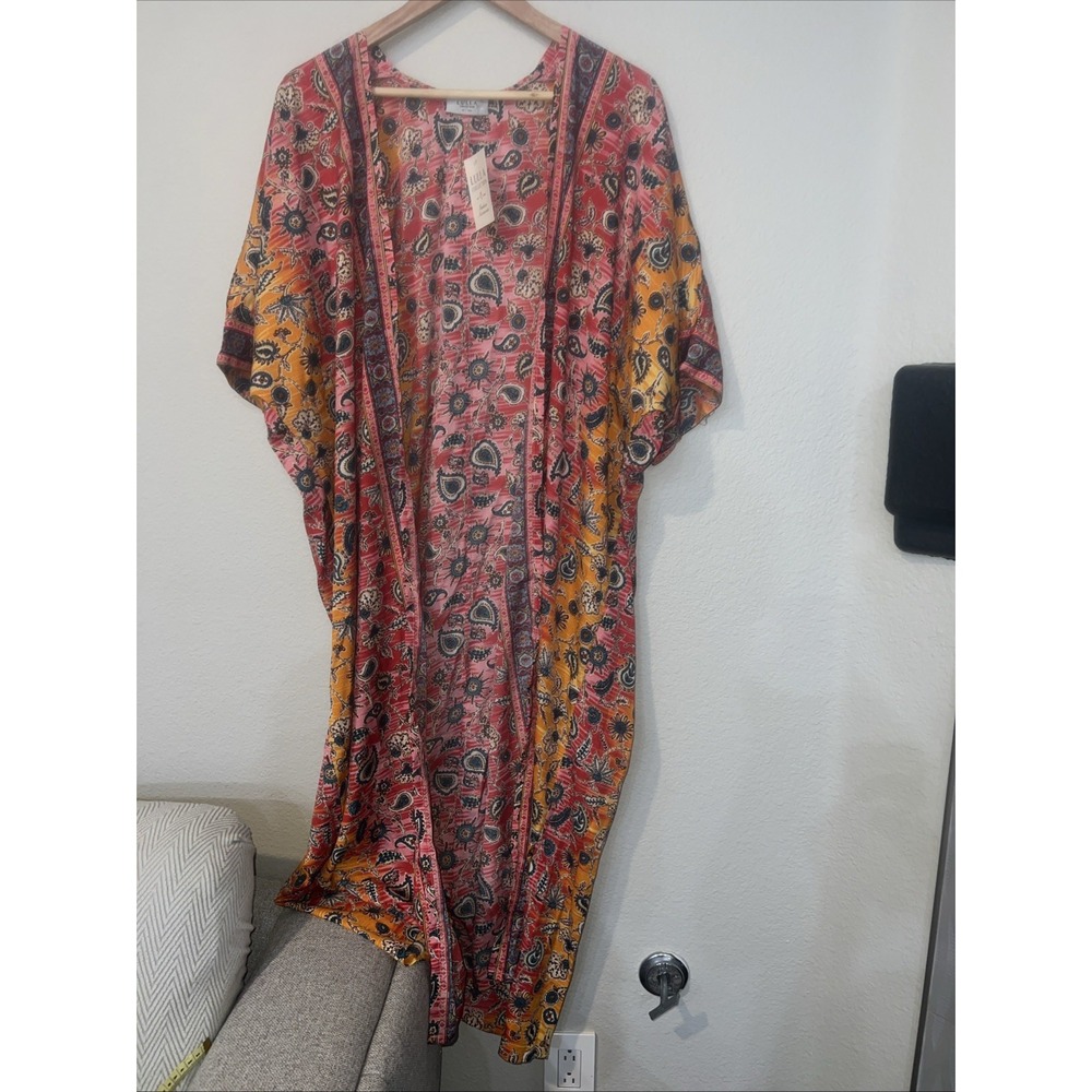 Lulla Collection ORANGE/PINK Floral geo Hippy Kimono Full Length NWT ONE SIZE
